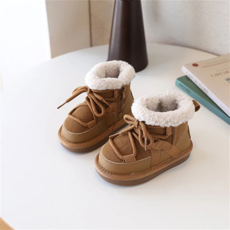 2025 New Winter Children Snow Boots Leather Warm Plush Soft Sole Toddler Boys Shoes Non-slip Fashion Girls Boots EU 21-30