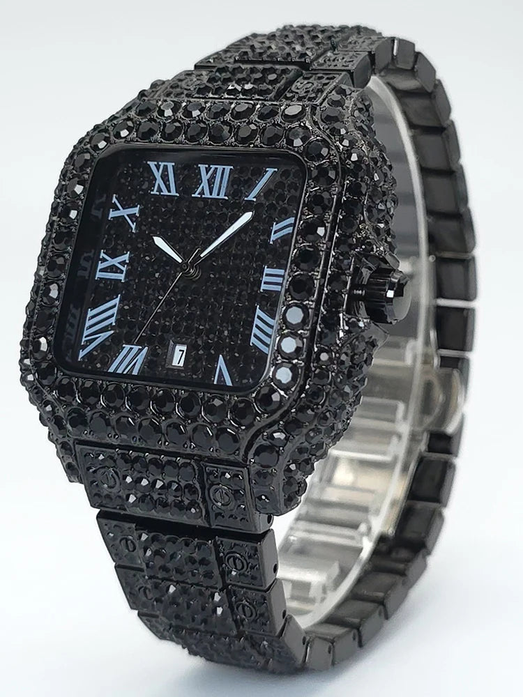 Men's Hip Hop Quartz Watch Fashion Iced out Diamond Men Watch Square Dial Calendar Luminous Feature Wristwatches Gift for Man