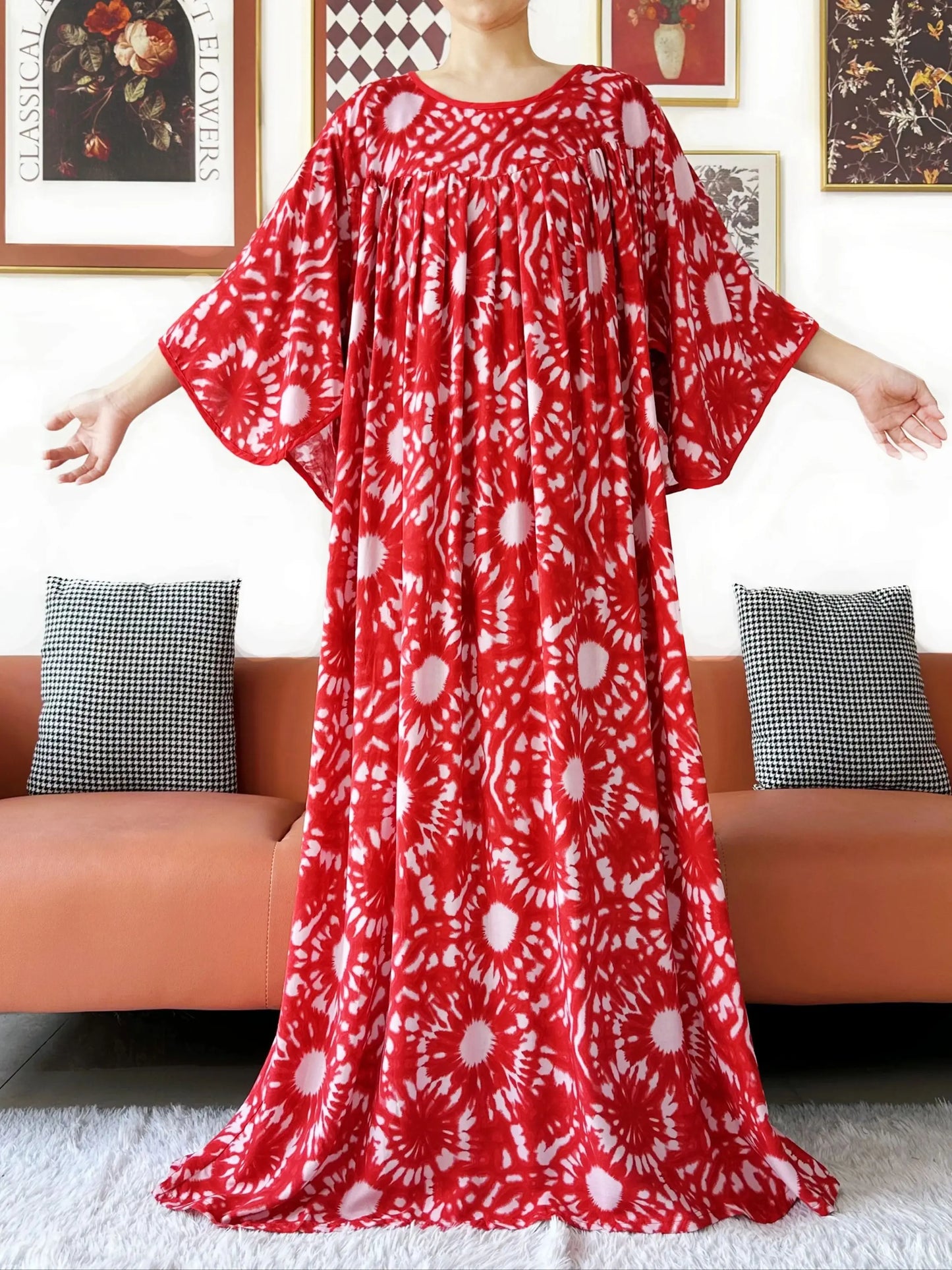 2025 New Loose Floral Dress Short Sleeve Cotton Women Abaya with Big Scarf Boho Maxi Dress Casual Fashion Dress African Vestidos