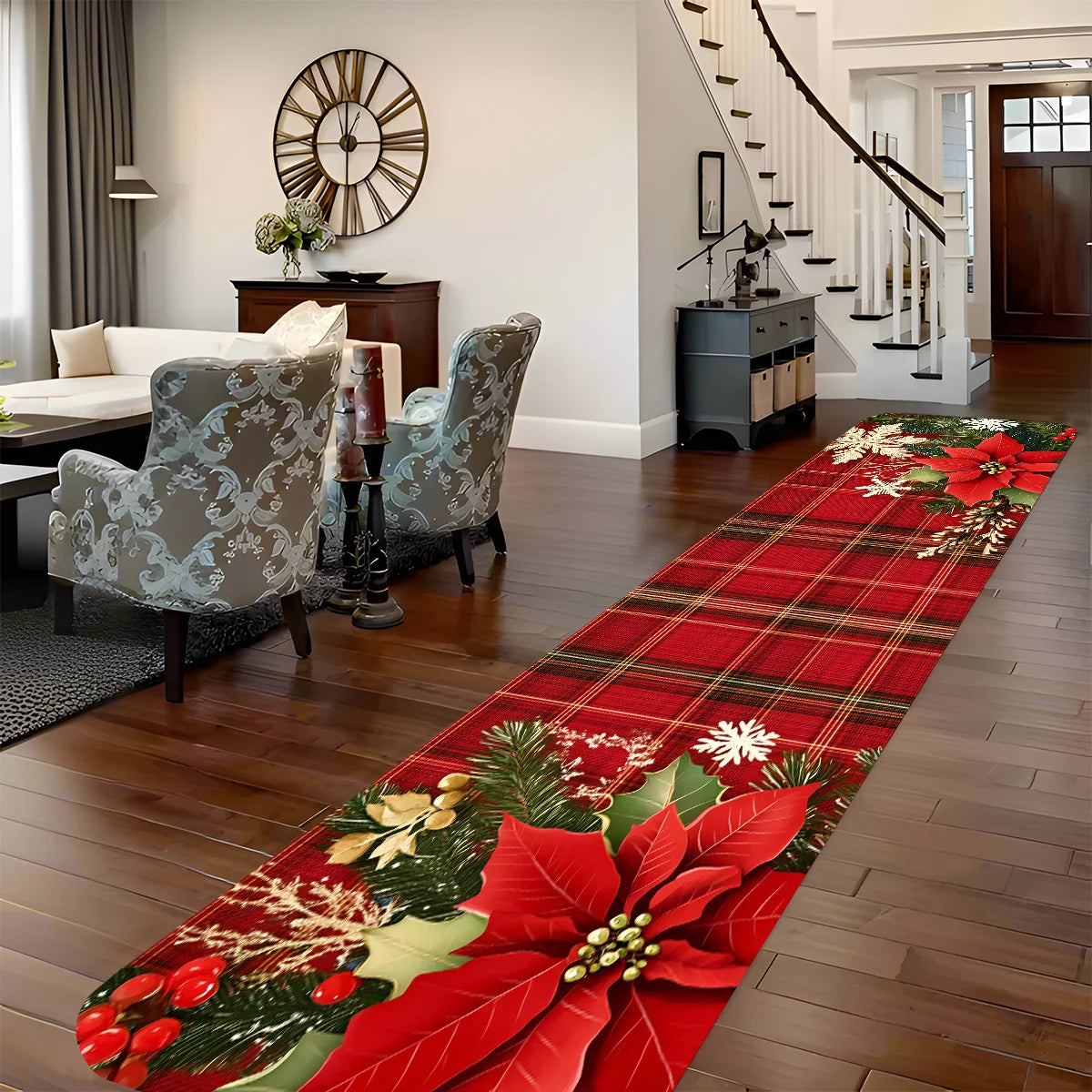 VIKAMA Christmas Checkered Corridor Floor Mats, Machine Washable, Bedside/Sofa Rugs, Kitchen Carpets, Home Decorations