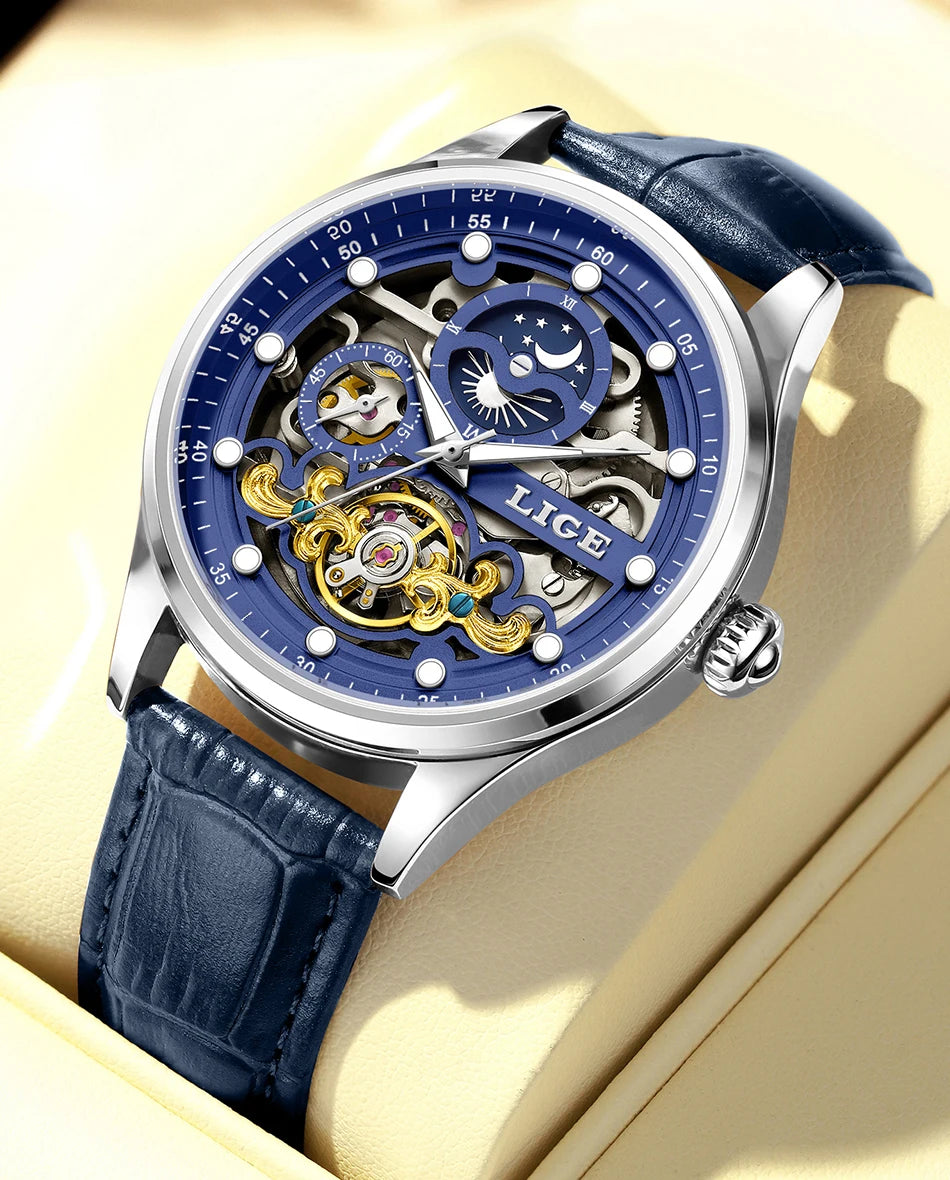 Reloj Hombre Watches Mens LIGE Top Brand Luxury Skeleton Tourbillon Automatic Mechanical Watch for Men Waterproof+Watch Box