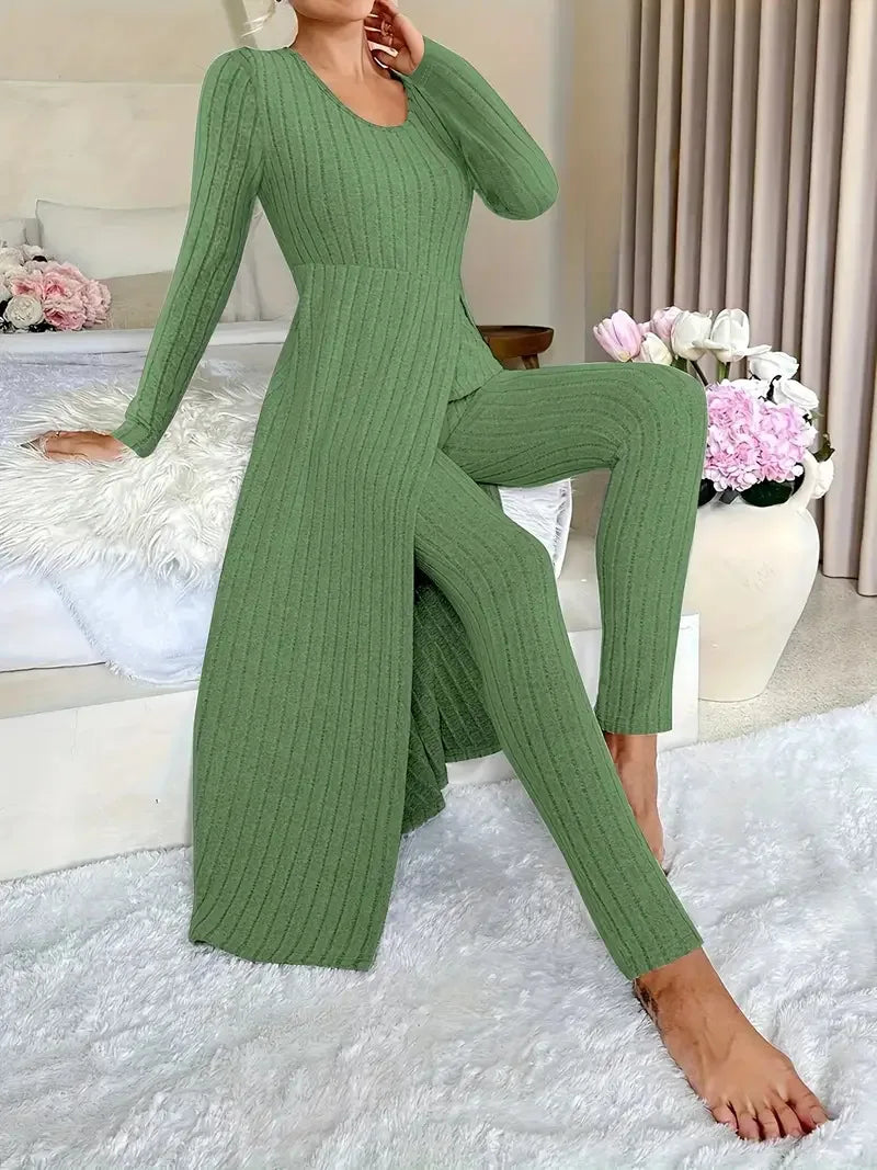 2025 Autumn Winter Home Casual Women's Suit Fashionable Solid Color Round Collar Super Long Slit Top Slim Trousers Two-piece Set