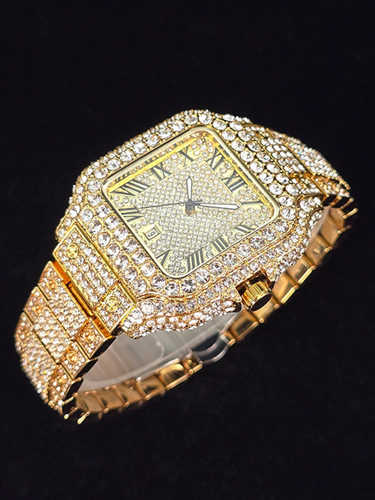 Men's Hip Hop Quartz Watch Fashion Iced out Diamond Men Watch Square Dial Calendar Luminous Feature Wristwatches Gift for Man