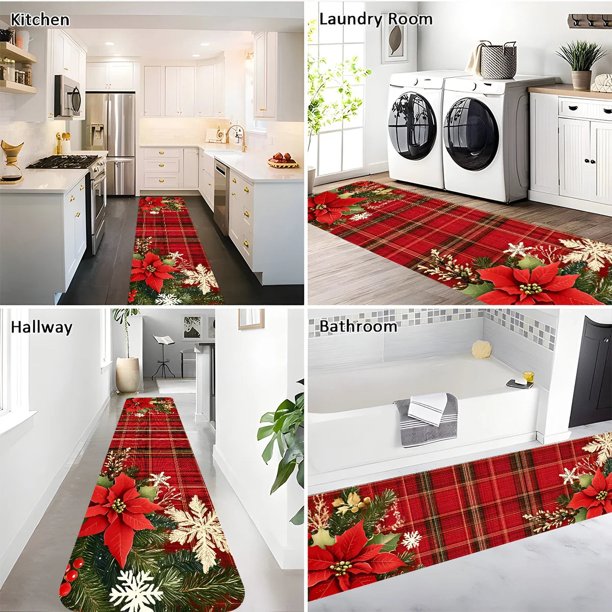 VIKAMA Christmas Checkered Corridor Floor Mats, Machine Washable, Bedside/Sofa Rugs, Kitchen Carpets, Home Decorations