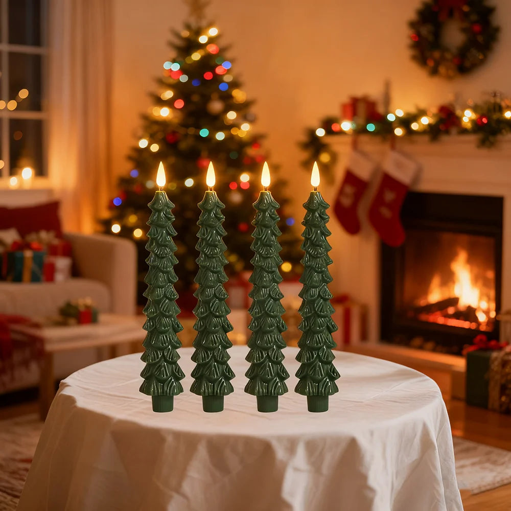 2pc/4pcs Christmas Tree LED Flameless Candles Light with 3D Flame Wick Green LED Candlesticks  Operated for Christmas Home Decor