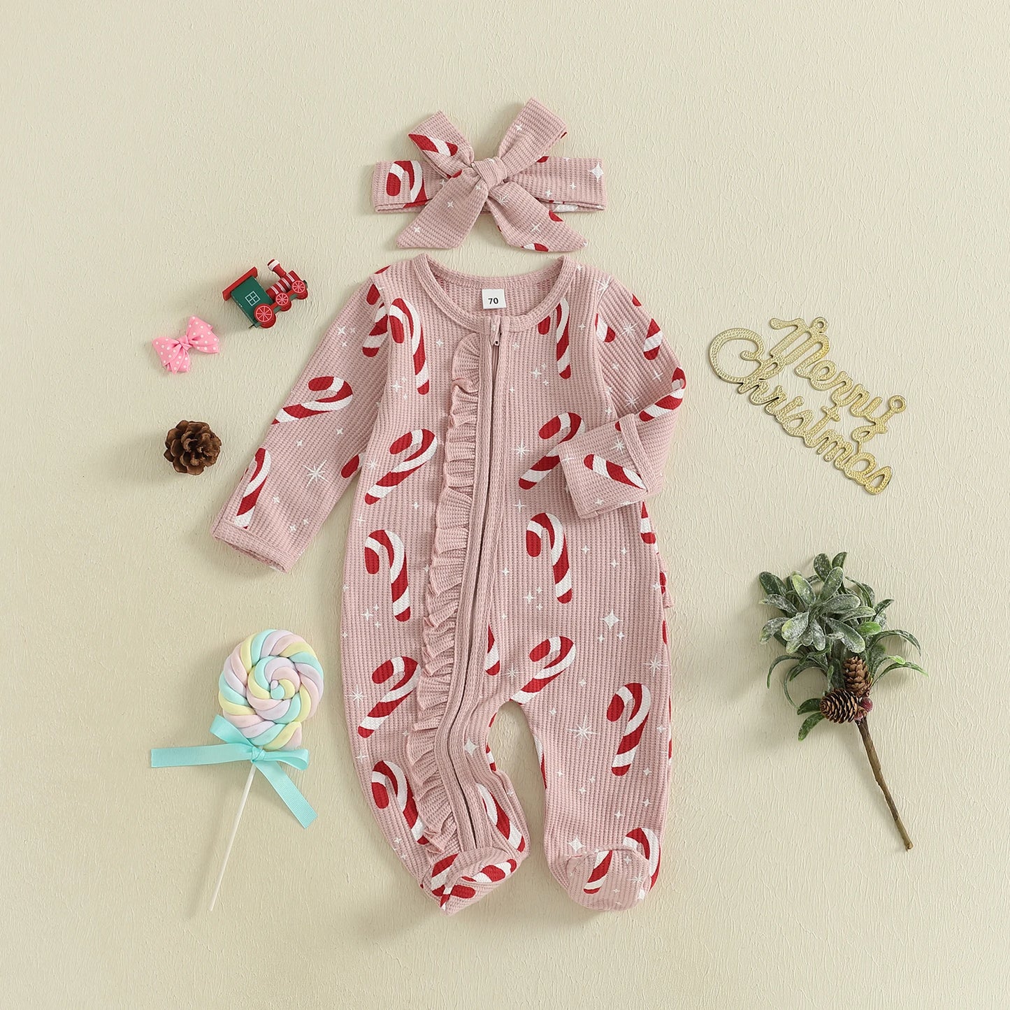 FOCUSNORM 0-18M Lovely Baby Girls Boy Christmas Romper Long Sleeve Candy Cane/Gingerbread Print Oblique Zipper Jumpsuit Headband