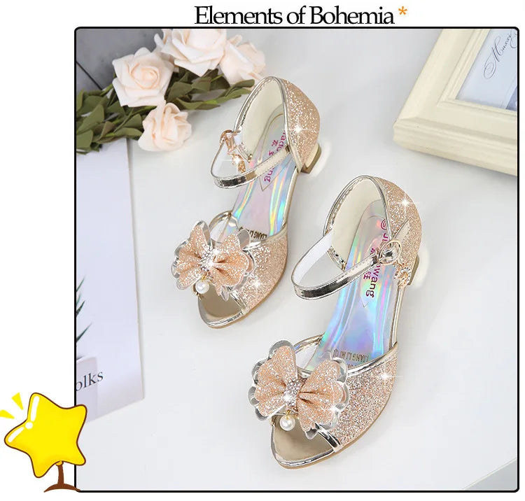 2025 Children Princess Sandals Kids Girls Wedding Shoes High Heels Dress Shoes Bowtie Gold Pink Blue Silver Shoes For Girls