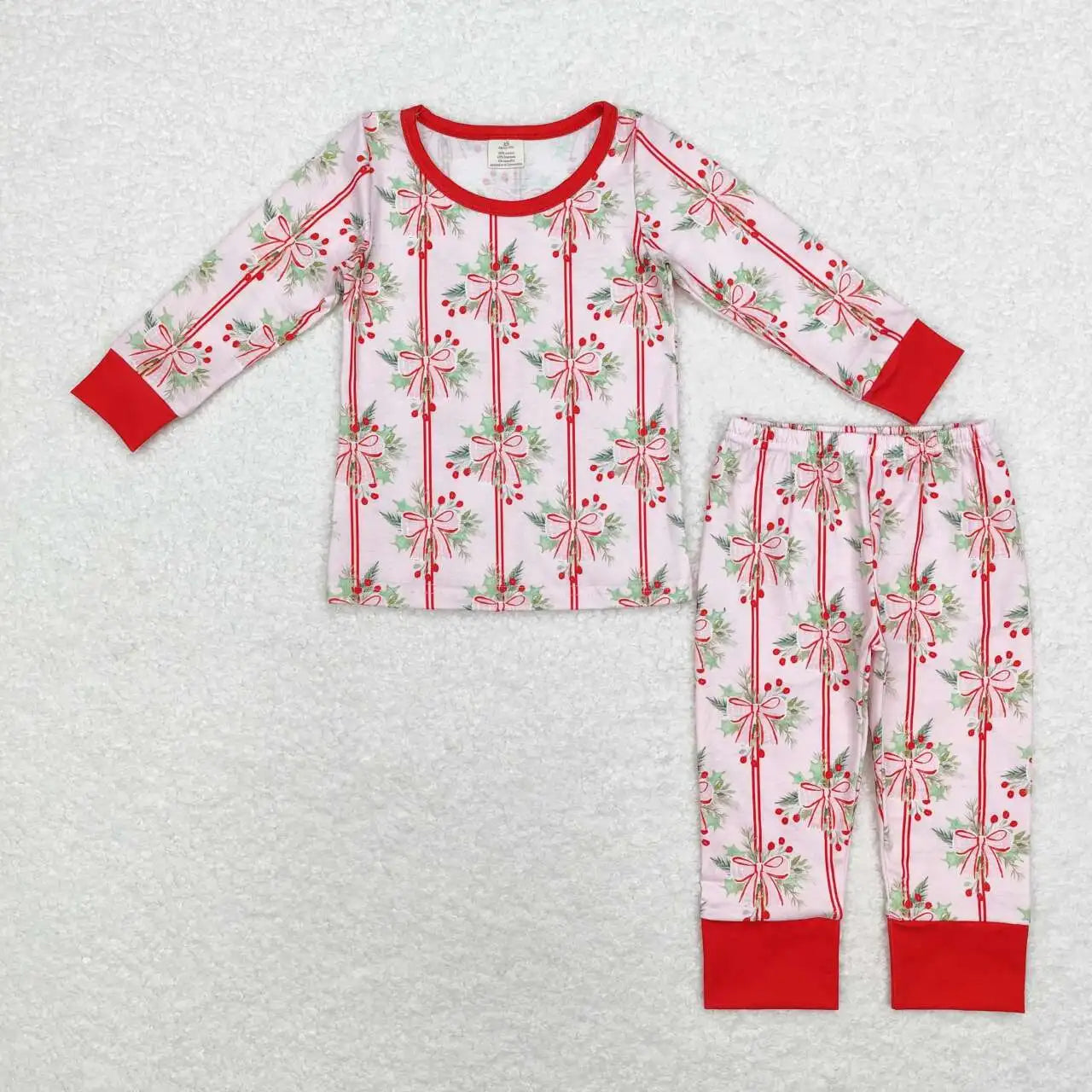 NEW RTS Christmas wholesale girls pajamas set bow pattern bamboo baby girls holiday pajamas clothing