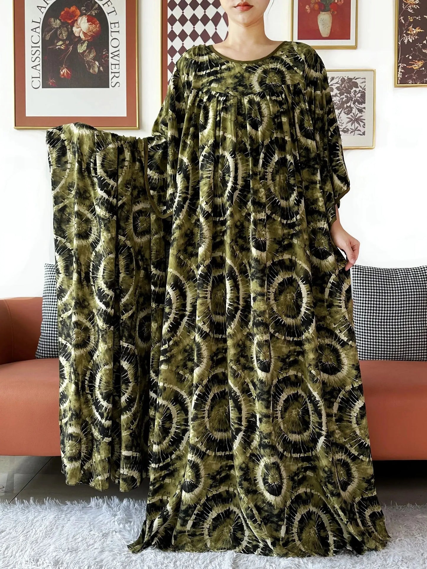 2025 New Loose Floral Dress Short Sleeve Cotton Women Abaya with Big Scarf Boho Maxi Dress Casual Fashion Dress African Vestidos