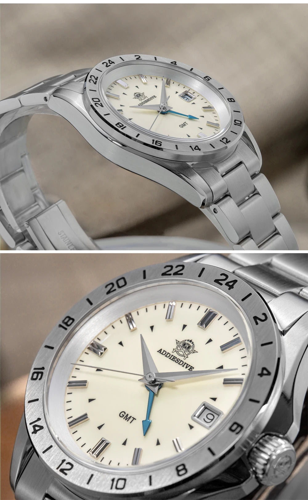 ADDIESDIVE NEW AD2063 38mm GMT Men's Watch Sapphire Glass Calendar 316L Stainless Steel Luxury Waterproof Watches Reloj Hombre