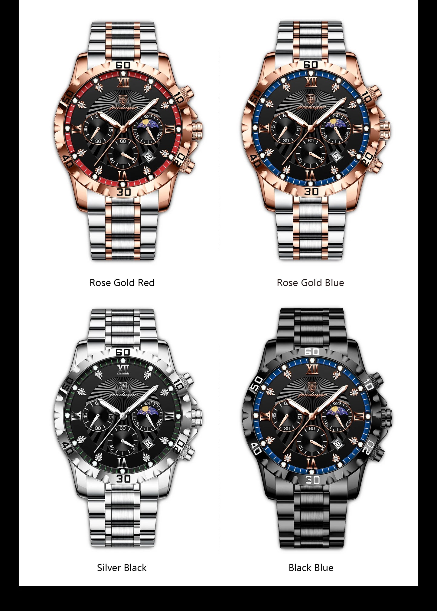 POEDAGAR Luxury Sports Watches For Men Stainless Steel Chronograph Date Man Watch Waterproof Luminous Fashion Men's Quartz Watch