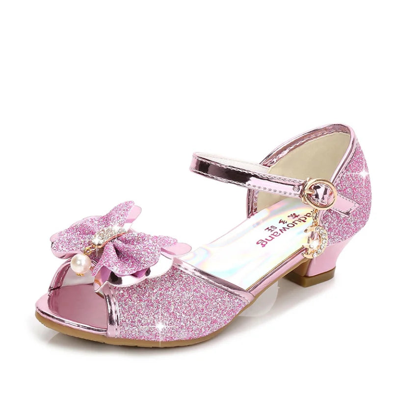 2025 Children Princess Sandals Kids Girls Wedding Shoes High Heels Dress Shoes Bowtie Gold Pink Blue Silver Shoes For Girls