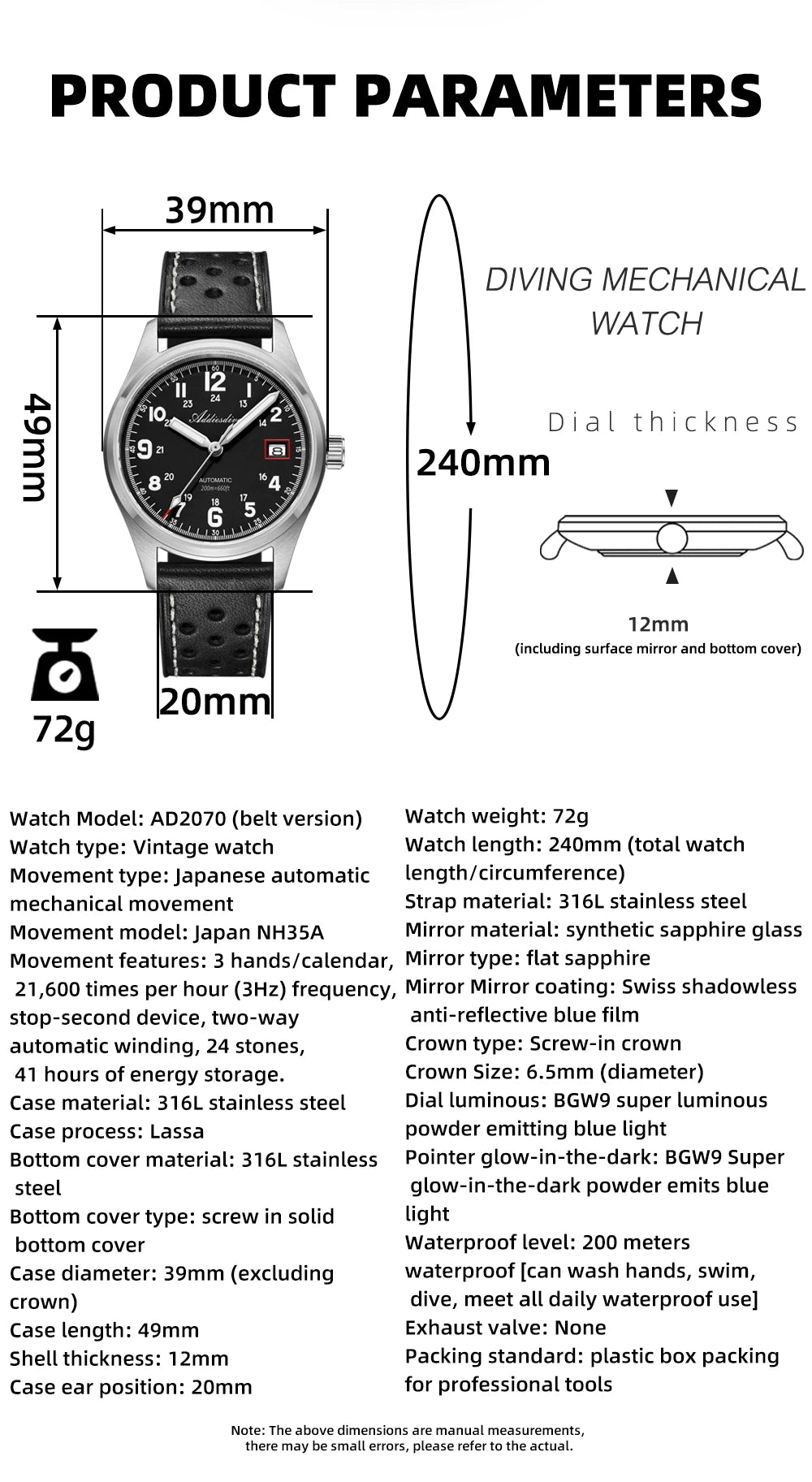 ADDIESDIVE Mechanical Watches New AD2070  Leather Strap BGW9 Super Luminous Sapphire 39mm Watches 20Bar Waterproof Reloj Hombre