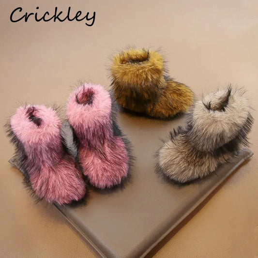 Winter Solid Faux Fur Girls Boots Plush Warm Thicken Slip On Children Fashion Boots Anti Slip Soft Bottom Kids Ankle Shoes