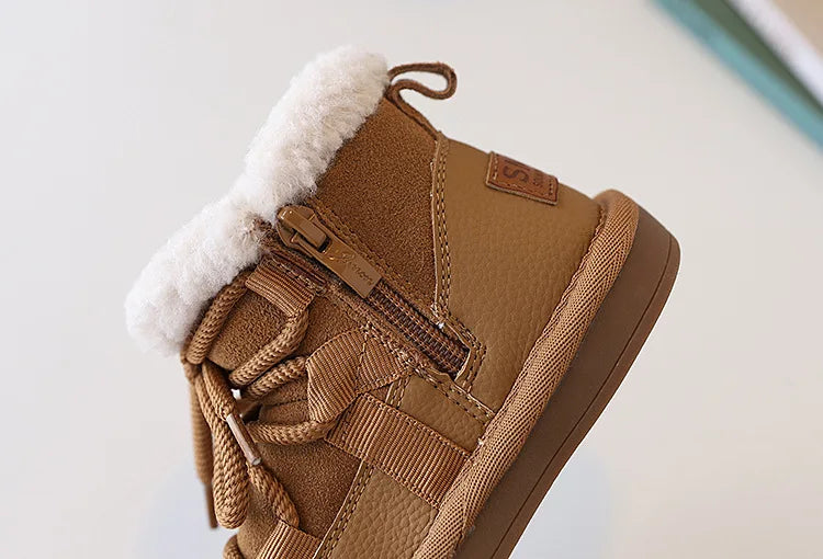 2025 New Winter Children Snow Boots Leather Warm Plush Soft Sole Toddler Boys Shoes Non-slip Fashion Girls Boots EU 21-30