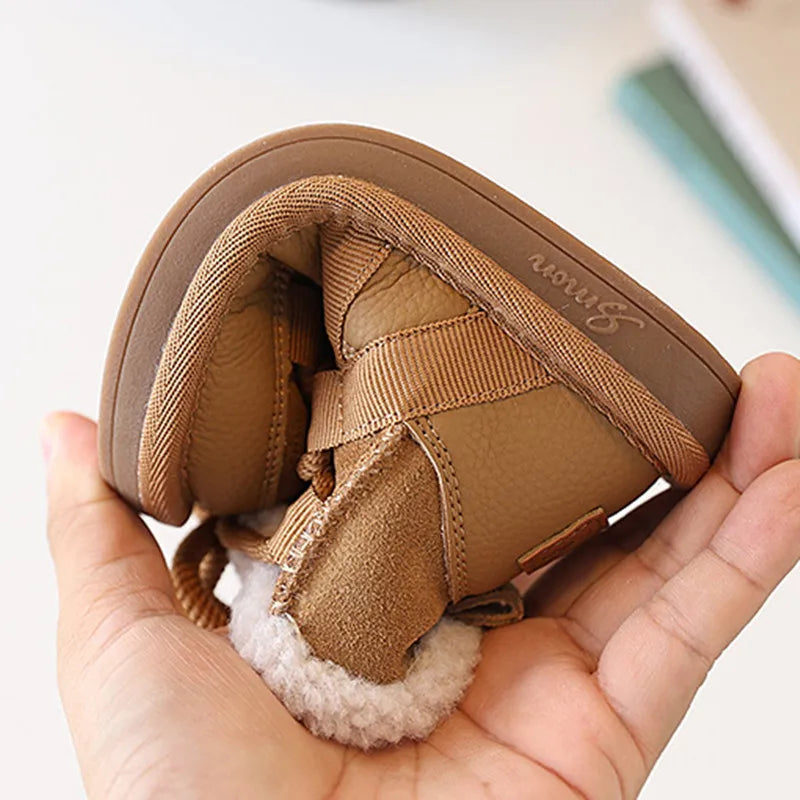 2025 New Winter Children Snow Boots Leather Warm Plush Soft Sole Toddler Boys Shoes Non-slip Fashion Girls Boots EU 21-30