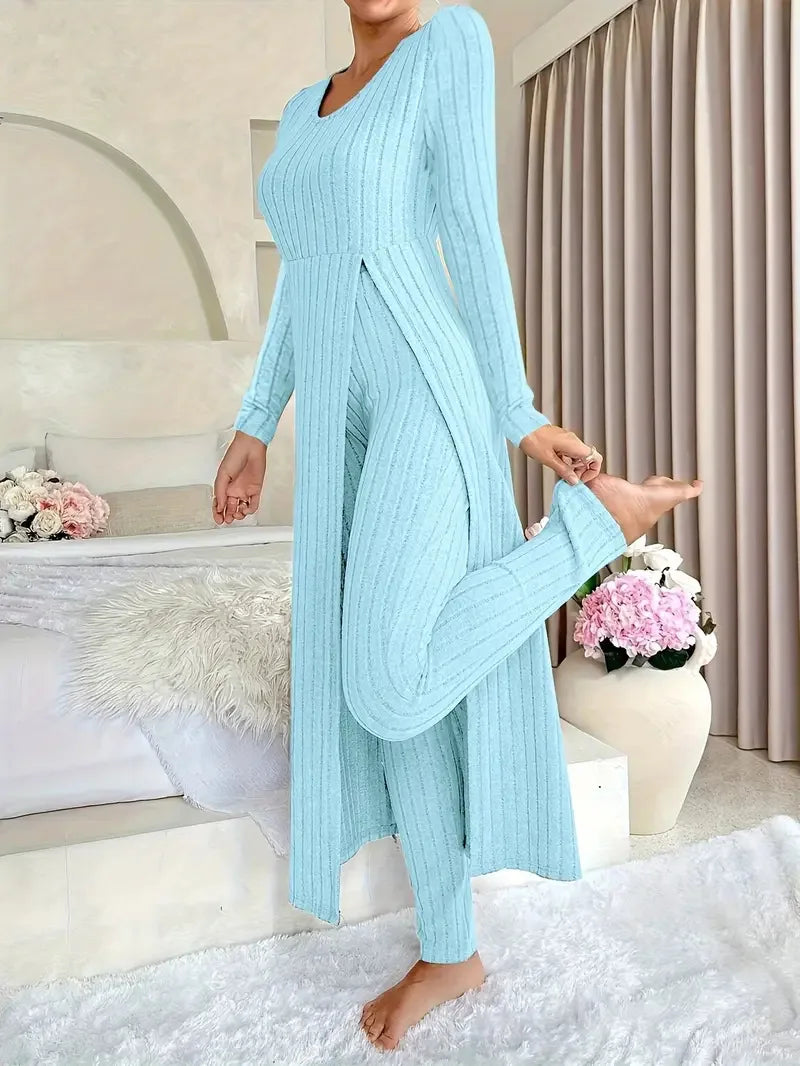 2025 Autumn Winter Home Casual Women's Suit Fashionable Solid Color Round Collar Super Long Slit Top Slim Trousers Two-piece Set