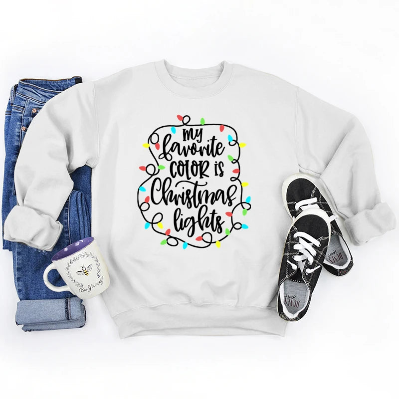 Funny My Favourite Color Is Christmas Lights Print Sweatshirt For Women Crew Neck Long Sleeves Pullover Christmas Sweatshirts