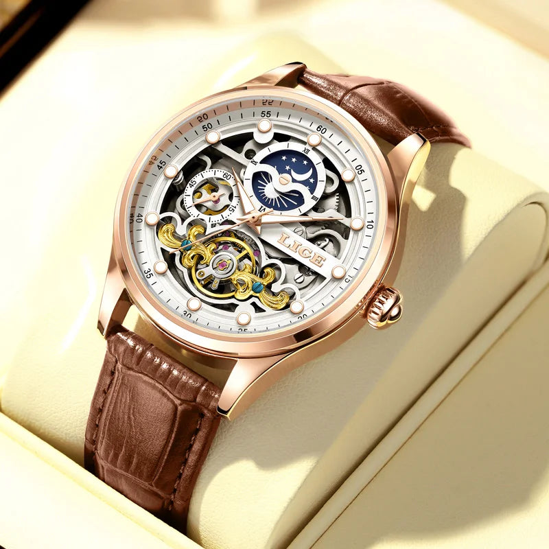 Reloj Hombre Watches Mens LIGE Top Brand Luxury Skeleton Tourbillon Automatic Mechanical Watch for Men Waterproof+Watch Box