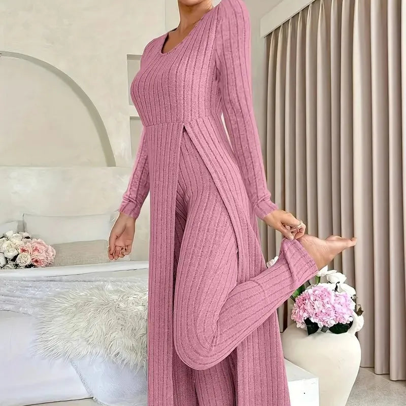 2025 Autumn Winter Home Casual Women's Suit Fashionable Solid Color Round Collar Super Long Slit Top Slim Trousers Two-piece Set