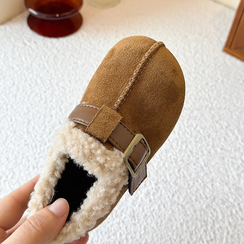 025 Winter New Children's Cotton Shoes for Girls; Soft Bottom One-piece Fur Warm Leather Shoes