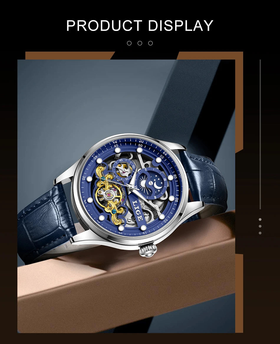 Reloj Hombre Watches Mens LIGE Top Brand Luxury Skeleton Tourbillon Automatic Mechanical Watch for Men Waterproof+Watch Box