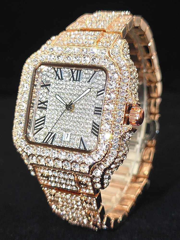 Men's Hip Hop Quartz Watch Fashion Iced out Diamond Men Watch Square Dial Calendar Luminous Feature Wristwatches Gift for Man