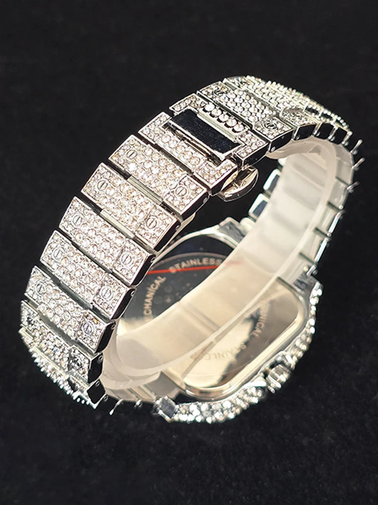 Men's Hip Hop Quartz Watch Fashion Iced out Diamond Men Watch Square Dial Calendar Luminous Feature Wristwatches Gift for Man