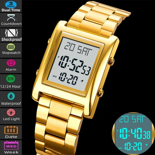 Skmei Unisex Bracelet Digital Watches Luxury Stainless Steel Strap LED Waterproof Chronograph Dual Time Zone Sports Stop Watch