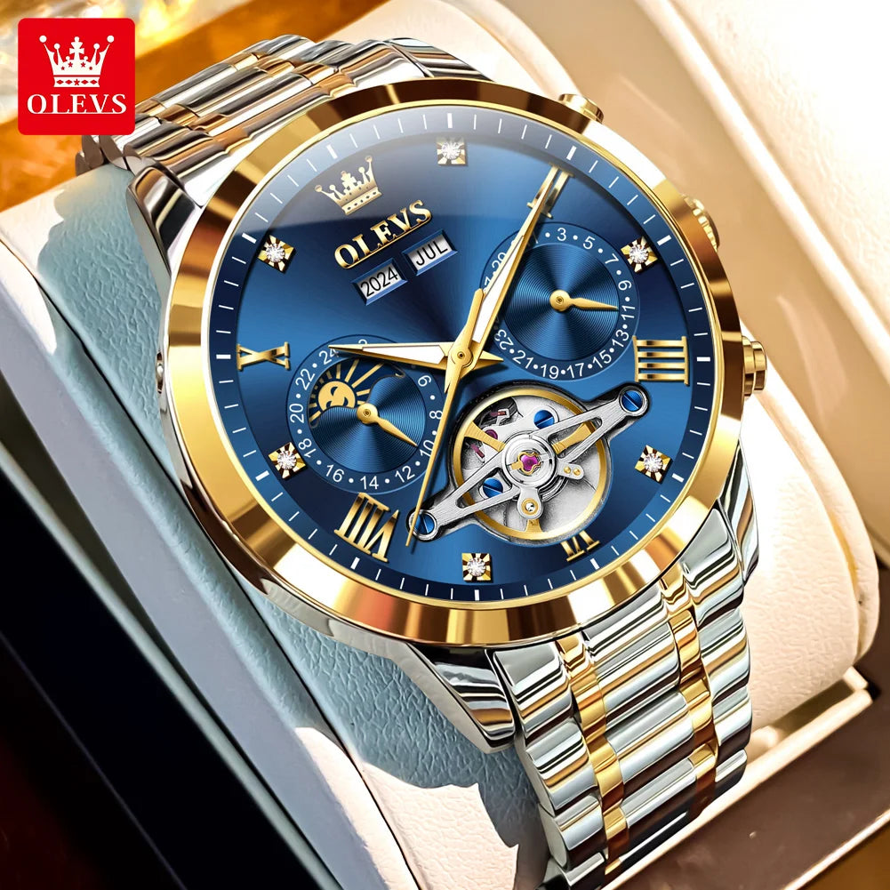OLEVS 7029 Luxury Man Watch Stainless Steel Hollow Flywheel Moon Phase Exclusive Mechanical Movement Automatic Men's Watches New
