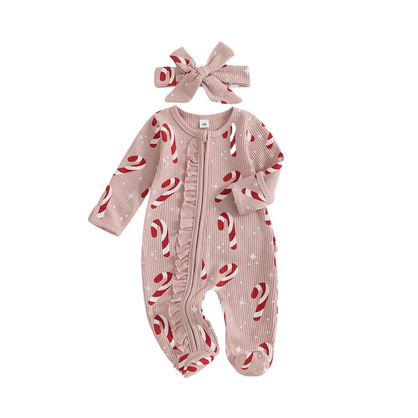 FOCUSNORM 0-18M Lovely Baby Girls Boy Christmas Romper Long Sleeve Candy Cane/Gingerbread Print Oblique Zipper Jumpsuit Headband