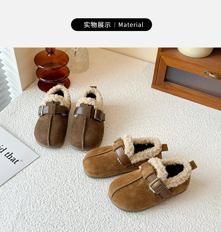 025 Winter New Children's Cotton Shoes for Girls; Soft Bottom One-piece Fur Warm Leather Shoes