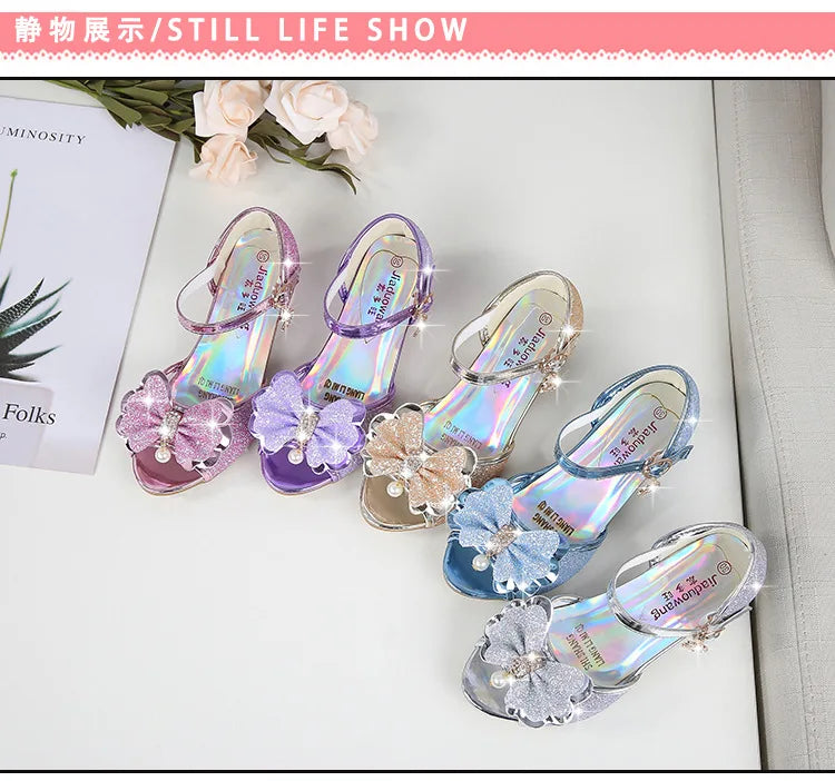 2025 Children Princess Sandals Kids Girls Wedding Shoes High Heels Dress Shoes Bowtie Gold Pink Blue Silver Shoes For Girls