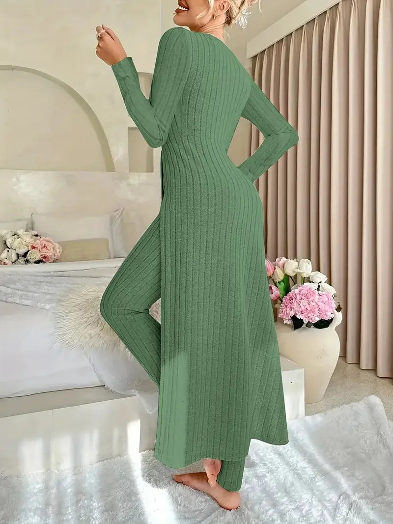 2025 Autumn Winter Home Casual Women's Suit Fashionable Solid Color Round Collar Super Long Slit Top Slim Trousers Two-piece Set