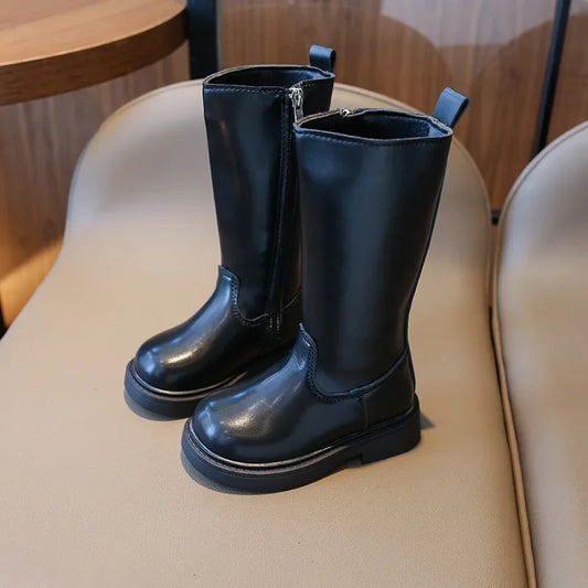 Autumn Winter Princess Long Tube Boots for Children Girls Shoes Cold-proof All-Black Uniform Shoes Kids Cozy Party Shoes G11075