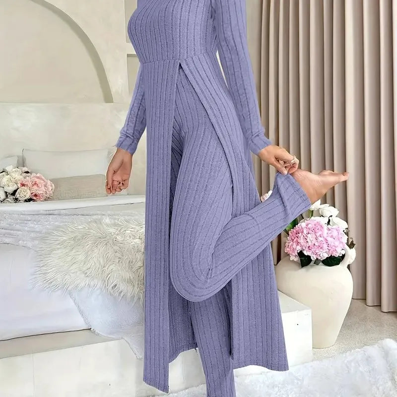 2025 Autumn Winter Home Casual Women's Suit Fashionable Solid Color Round Collar Super Long Slit Top Slim Trousers Two-piece Set
