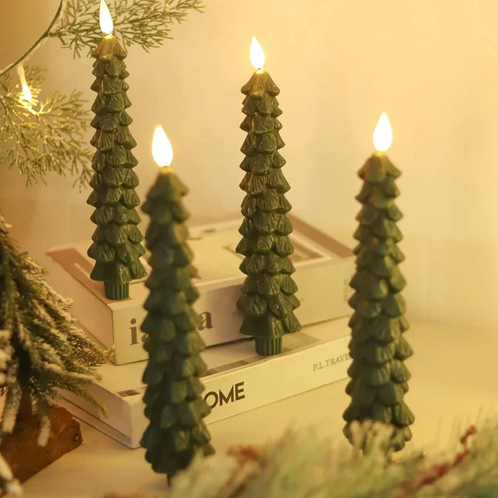 2pc/4pcs Christmas Tree LED Flameless Candles Light with 3D Flame Wick Green LED Candlesticks  Operated for Christmas Home Decor