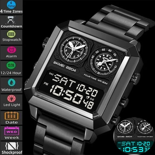Skmei Multiple Time Zone Analog Quartz Bracelet Watches Luxury Steel Strap LED Waterproof Mens Digital Sports Military Clock