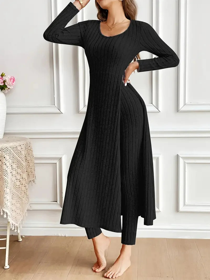 2025 Autumn Winter Home Casual Women's Suit Fashionable Solid Color Round Collar Super Long Slit Top Slim Trousers Two-piece Set