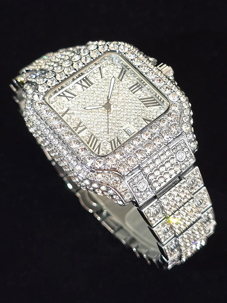 Men's Hip Hop Quartz Watch Fashion Iced out Diamond Men Watch Square Dial Calendar Luminous Feature Wristwatches Gift for Man
