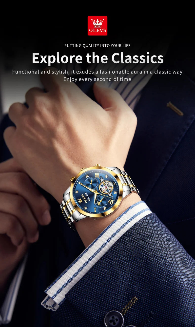 OLEVS 7029 Luxury Man Watch Stainless Steel Hollow Flywheel Moon Phase Exclusive Mechanical Movement Automatic Men's Watches New