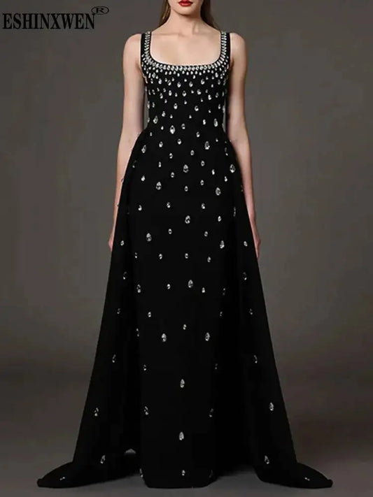 Eshin Black Sleeveless Evening Gown With Crystal Embellishments And Square Neckline For Women Floor Length Dress TH9458