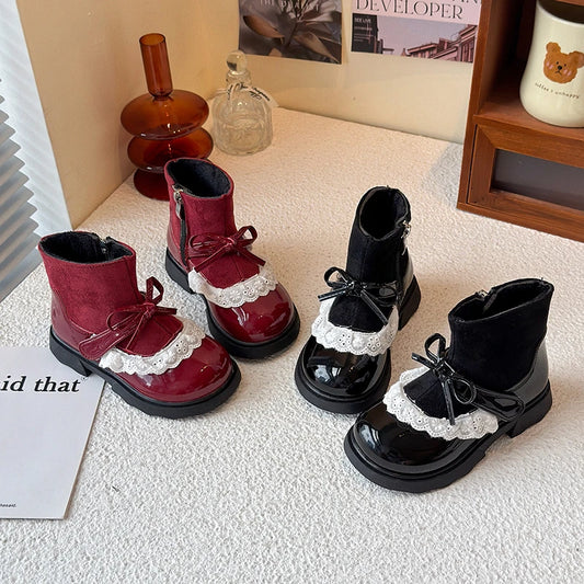 New Girls Platform Ankle Boots Wine Red Bowknot Children Fashion Princess Boots Wedding Party Kids Causal Short Boots Hook Loop