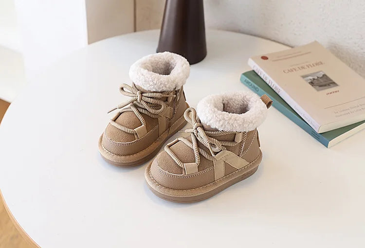 2025 New Winter Children Snow Boots Leather Warm Plush Soft Sole Toddler Boys Shoes Non-slip Fashion Girls Boots EU 21-30