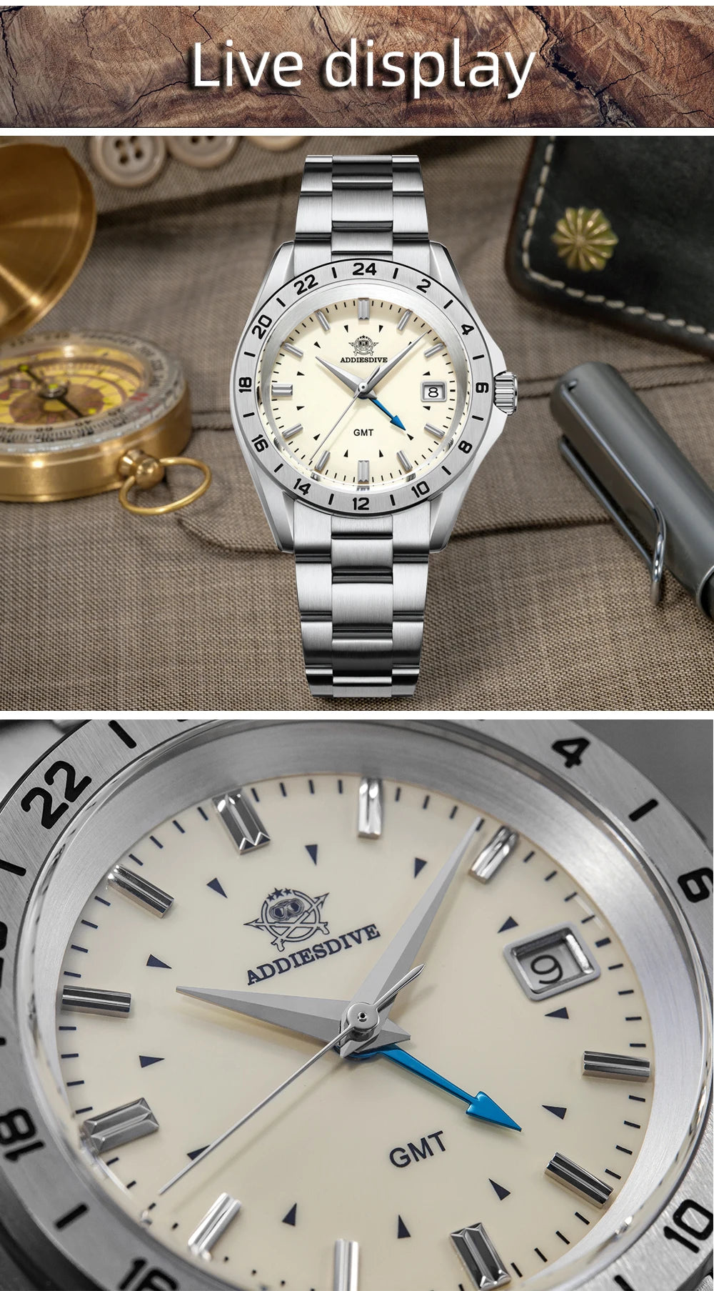 ADDIESDIVE NEW AD2063 38mm GMT Men's Watch Sapphire Glass Calendar 316L Stainless Steel Luxury Waterproof Watches Reloj Hombre