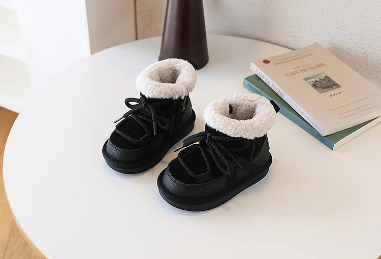 2025 New Winter Children Snow Boots Leather Warm Plush Soft Sole Toddler Boys Shoes Non-slip Fashion Girls Boots EU 21-30