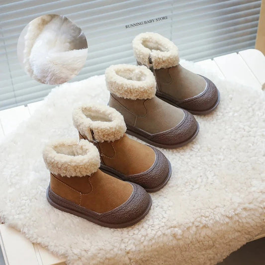 Vintage Warm Plush Children Snow Boots Fashion Platform Short Booties Winter Comfort Flat Thick Heel Cotton Shoes Sneaker I09082