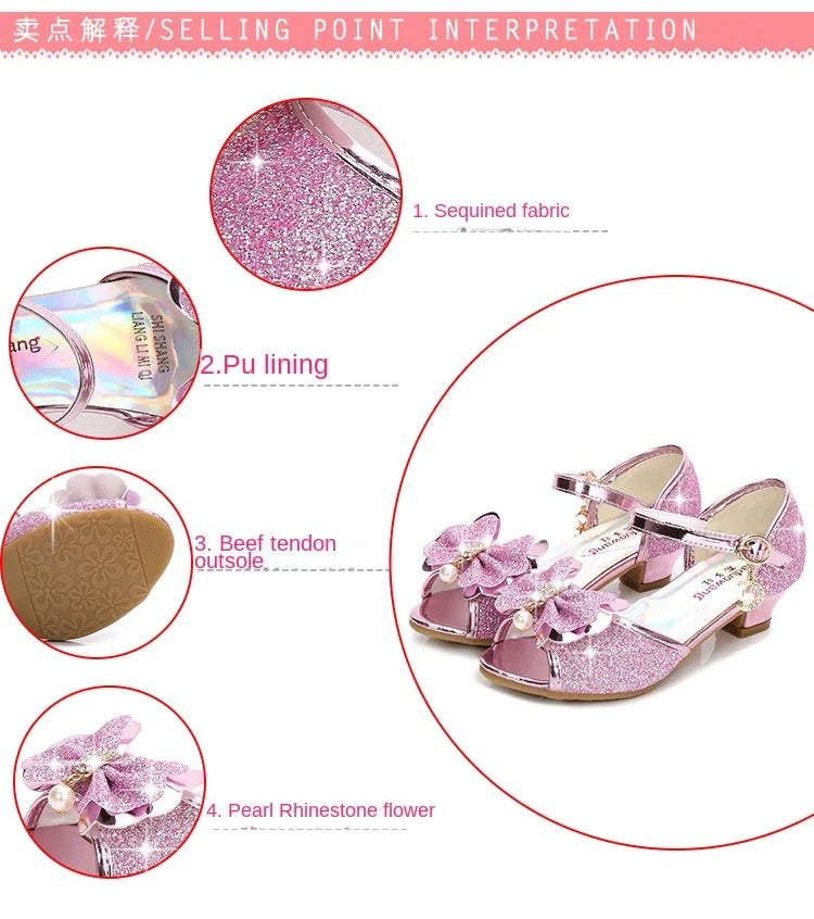 2025 Children Princess Sandals Kids Girls Wedding Shoes High Heels Dress Shoes Bowtie Gold Pink Blue Silver Shoes For Girls