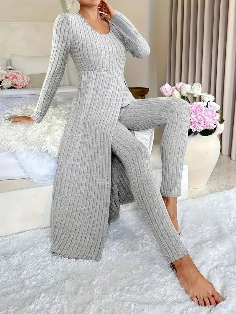 2025 Autumn Winter Home Casual Women's Suit Fashionable Solid Color Round Collar Super Long Slit Top Slim Trousers Two-piece Set