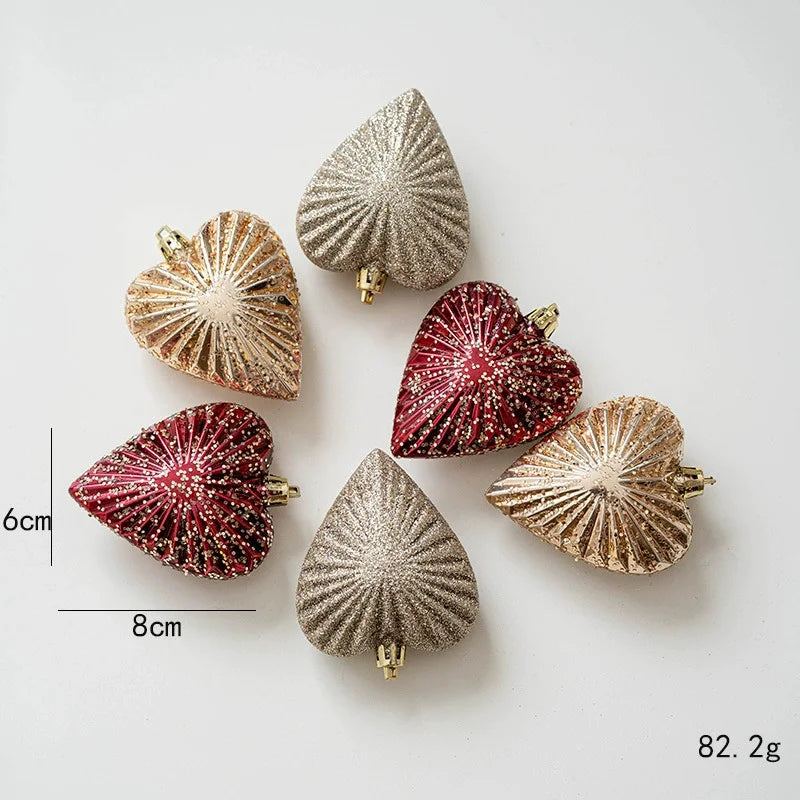 6/16/20pcs Romantic Christmas Painted Ball Set Reusable Elegant Heart Shaped Hanging Balls Shatterproof Christmas Tree Ornaments